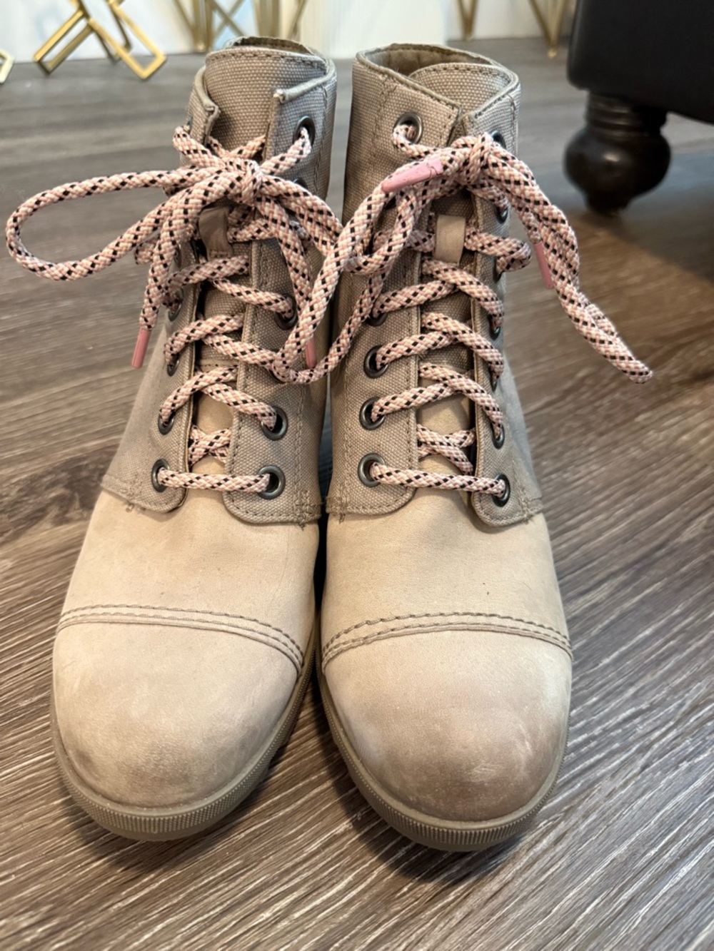 Sorel Taupe Lace-Up Women's Ankle Boots with Pink-Accented Laces